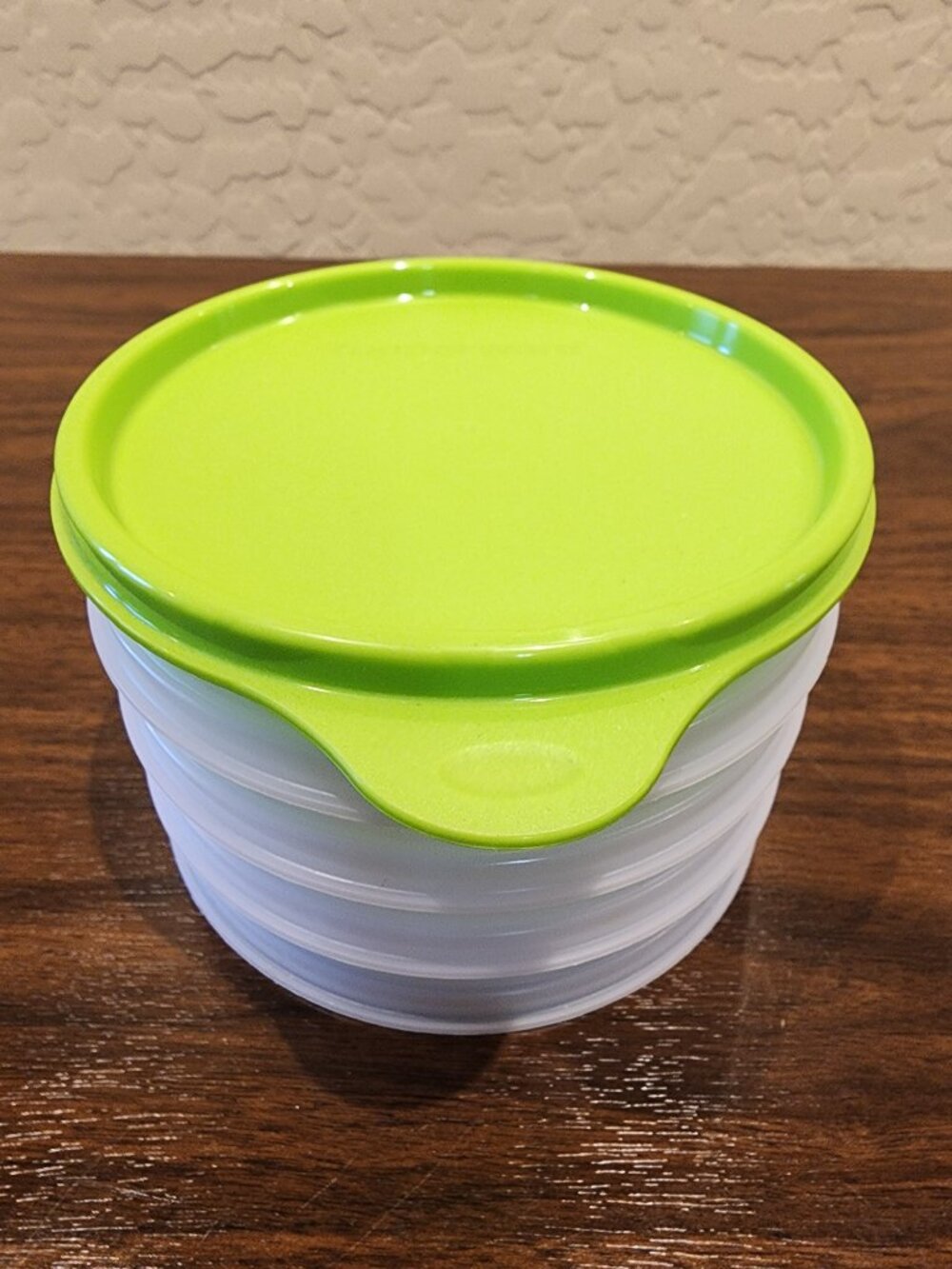 Tupperware Hamburger Keepers x 4 with Lime Green Top Lid Brand New Old Stock